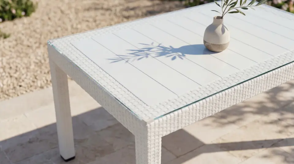 Rattan Masa Beyaz - Camlı - 90x150