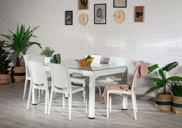 Rattan Large Camlı Masa Seti Beyaz