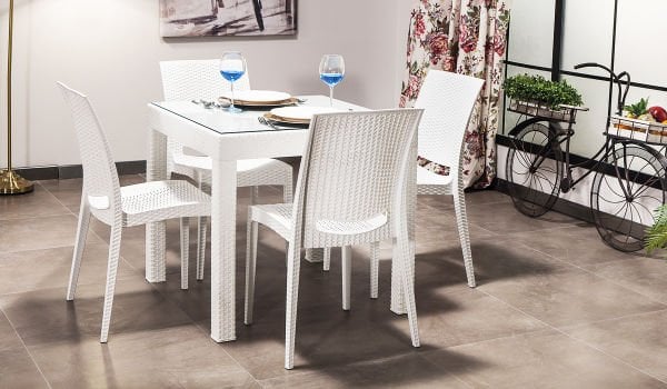 Rattan Camlı Masa Takımı Beyaz