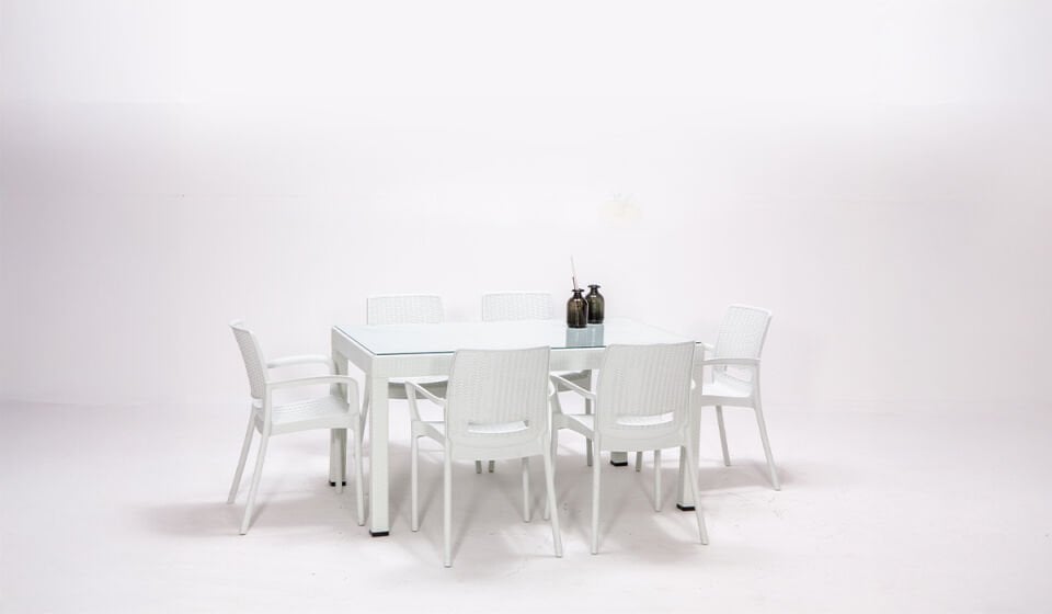 Rattan Large Kollu Camlı Masa Takımı