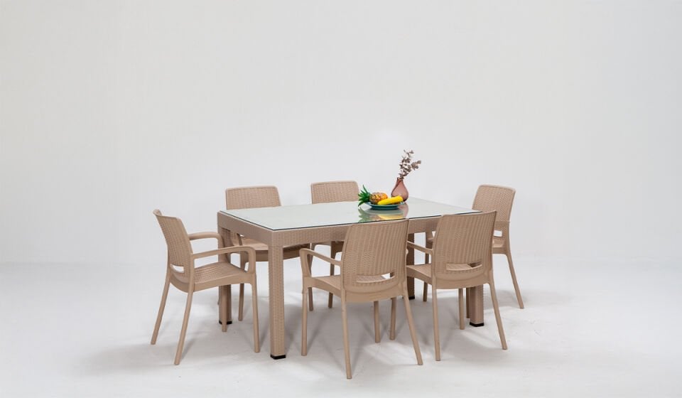 Rattan Large Kollu Camlı Masa Takımı