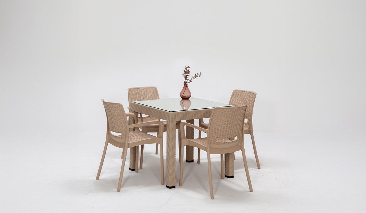 Rattan Kollu Camlı Masa Takımı Cappucino