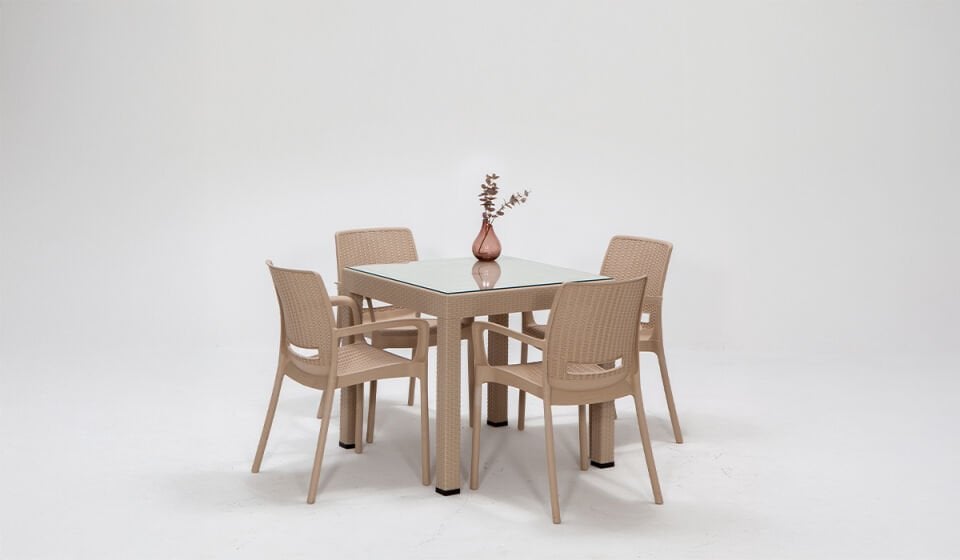Rattan Kollu Camlı Masa Takımı Cappucino