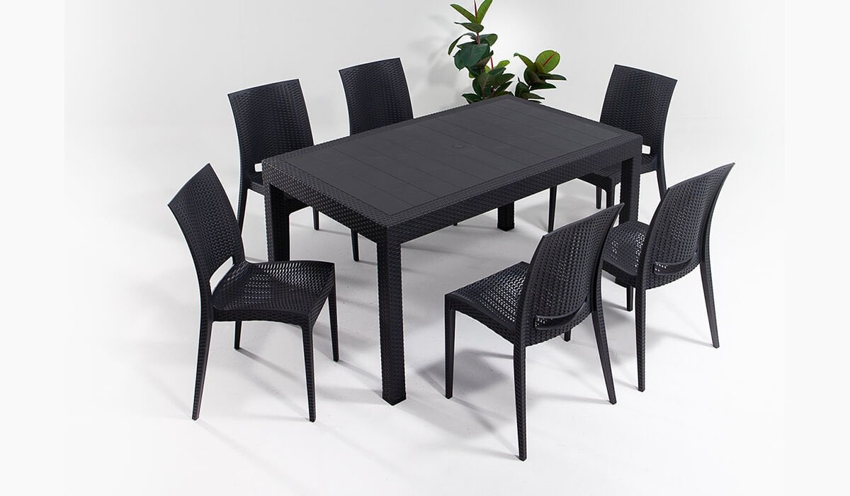 Rattan 90*150 Kolsuz Camsız Antrasit Masa Seti (6 kişilik) (Online'a Özel)