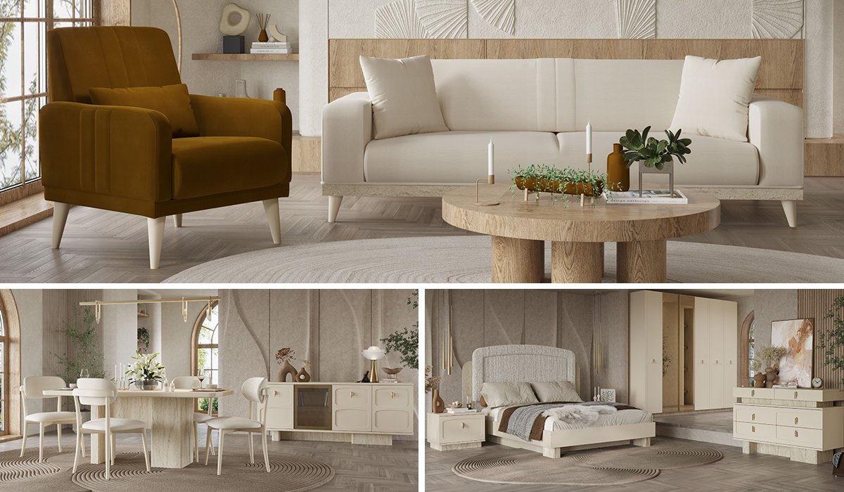 Nitra Düğün Paketi - Traverten (Yatak+Karyola Hediye!)