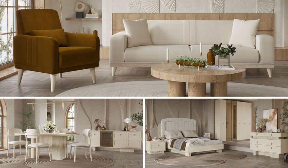 Nitra Düğün Paketi - Traverten (Yatak+Karyola Hediye!)